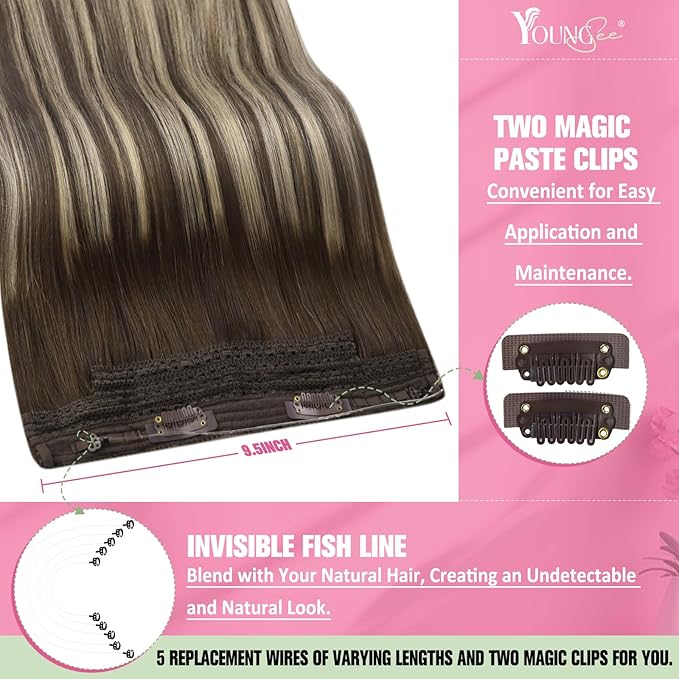 Youngsee Wire Hair Extensions Brown Balayage Wire Human Hair Extensions Ombre Dark Brown with Ash Blonde Invisible Fish Line Hair Extension Real Human Hair for Women 12Inch 70G