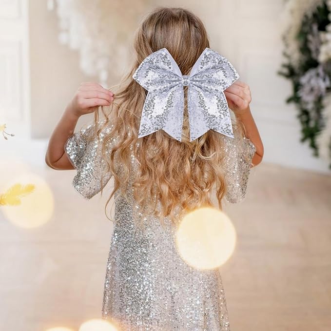 Large Glitter Cheer Bows Clips, Jumbo Big 7 Inch Cheerleading Sequin Hair Bow Hair Accessories for Teens Girls Football Sports Cheerleader Outfit Uniform (Sliver)
