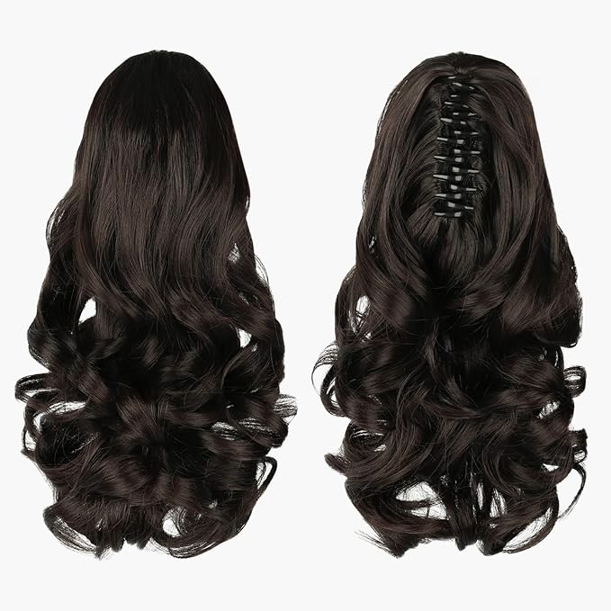 Ponytail Extension, Clip on Ponytails for Women, 12" Claw Clip in Short Curly Wavy Pony Hair Extension for Women - Darkest Brown
