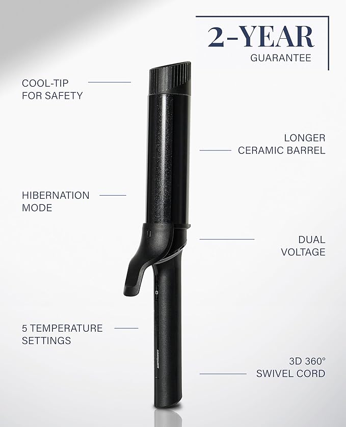 GLAMPALM Curling Iron 1 1/4" - Long Barrel Ceramic Hair Curler for Women, Korea's No.1 Salon Hot Tool, 5 Temps & 30s Heat-up, 3D Swivel Cord & Dual Voltage, Black (GP628)