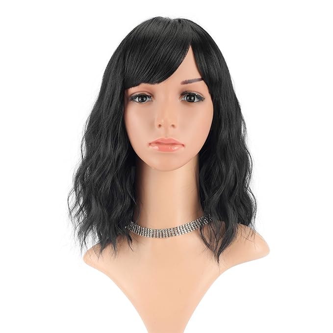 FAELBATY Black Wigs With Bangs Shoulder Length Bob Wig for women Synthetic Cosplay Wig Black Bob Wig for Girl Costume Wigs (14" Black Color)