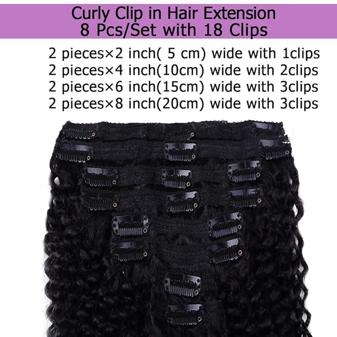Curly Clip In Extension Human Hair 3C 4A Kinky Curly Clip Ins Full Head for Black Women Brazilian Remy Human Hair Natural Color 8Pcs with18clips 120g/Set (26 inch, curly wave)