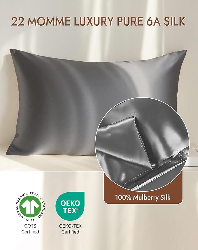 SilkSilky 100% Mulberry Silk Pillowcase - Pure 22 Momme High-Grade 6A Fibers for Hair & Skin, Envelope Closure, Natural, Organic, Breathable & Cooling Pillow Case (Standard, Dark Gray)