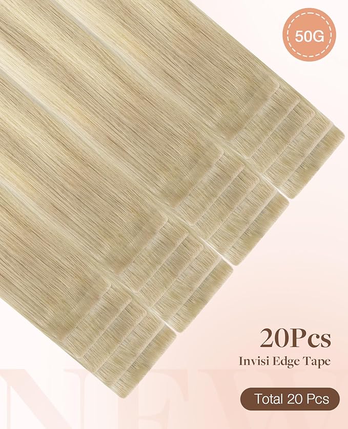 GOO GOO Invisi Edge Tape in Hair Extensions Human Hair, 18ET90A Natural Blonde Balayage 20pcs 18inch 50g, Virgin Remy Hair, Seamless Injected Tape, Natural Look