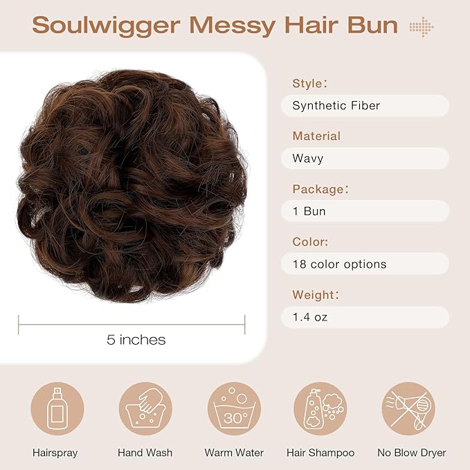 Messy Bun Hair Piece Wavy Curly Scrunchies Fluffy Donut Thick Updo Elegant Chignon Hairpieces for Women Girls, Light Brown Mix Mid Brown 1.4oz