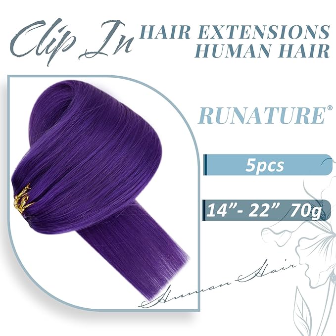 RUNATURE Purple Clip in Hair Extensions Human Hair 18 Inch 70g Full Head Colored Purple Hair Extensions Clip Ins for Women Real Remy Hair Double Weft Fashion Color