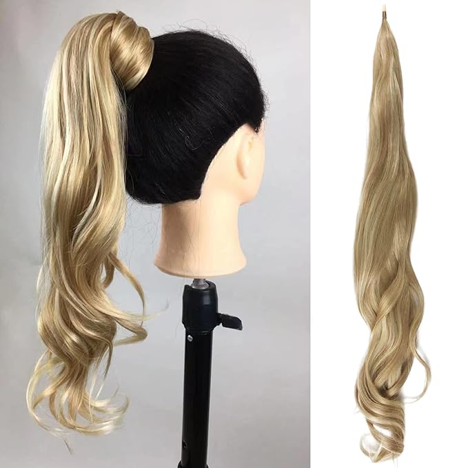 Chicmoi Blonde Ponytail Extainson 32 Inch Flexible Wrap Around Ponytail Hair Extension Long Wavy Pony Tails hair Extension Synthetic Hairpieces For Women and Girls