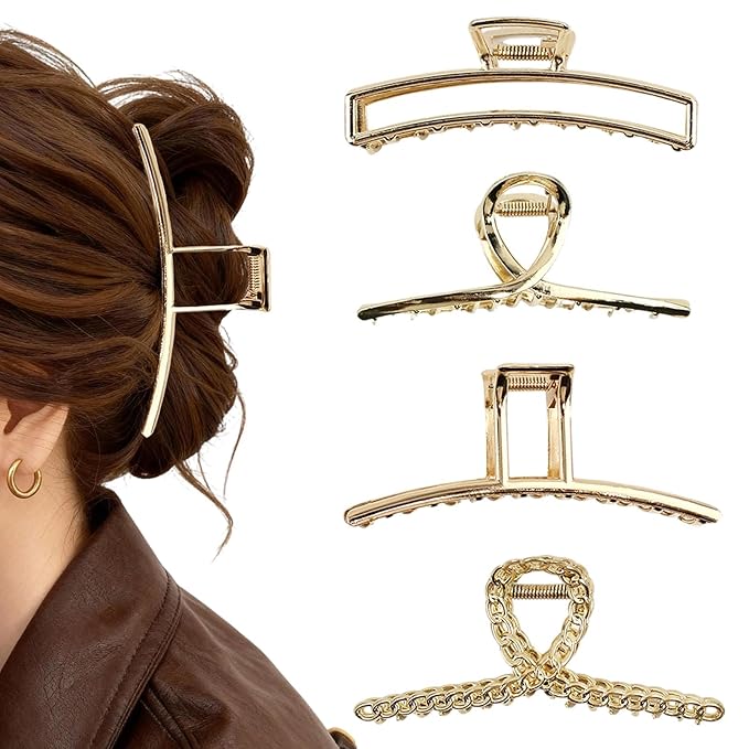 4 Pcs Large Metal Hair Claw Clips for Women, Non-slip Claw Clips with Strong Hold Jaw, Fashion Accessories for Thin Thick Long Curly Hair (Gold2)