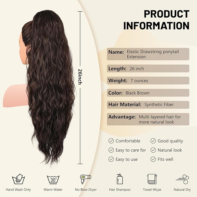 LEEONS 26 inch Drawstring ponytail Extension, Long Wavy pony tails hair extensions for Women - Synthetic Hairpiece Ponytail for Daily Use (Black Brown)