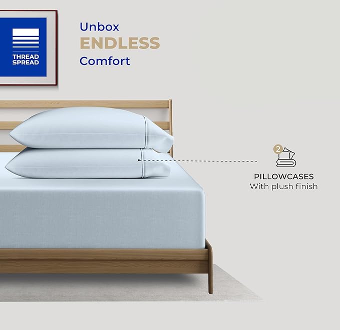 THREAD SPREAD 100% Cotton King Size Pillow Cases Set of 2-400 Thread Count Pillow Cases King Size Set of 2 (Light Blue), Luxuriously Soft Hotel Quality Sateen Weave Pillowcases, Crisp & Cool