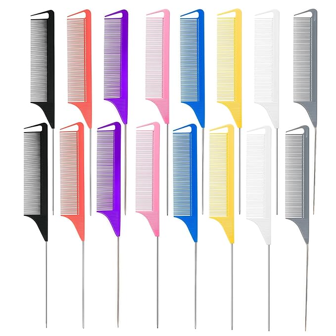 16 Pack Rat Tail Combs Set Stainless Steel Pintail Comb, Professional Rat Tail Combs for Styling, Sectioning & Hair Coloring for Salon & Home Use