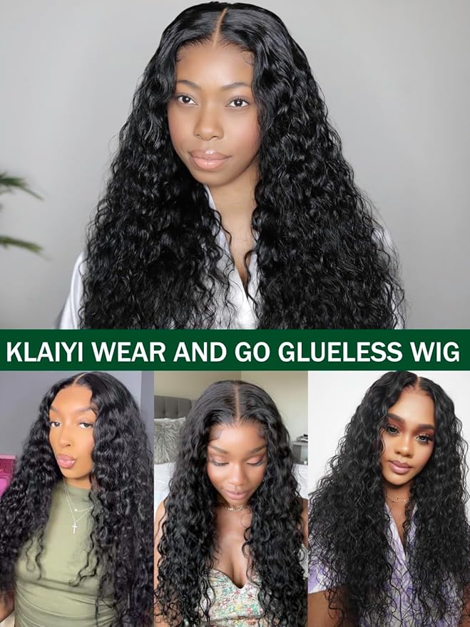 KLAIYI Bye Bye Knots Glueless Wig Pre Cut Water Wave HD Lace Front Wigs Human Hair Pre Bleached Pre Plucked Ready to Go Wigs for Women 30S Easy to Wear Put On and Go Curly Wig Beginner Friendly 26inch
