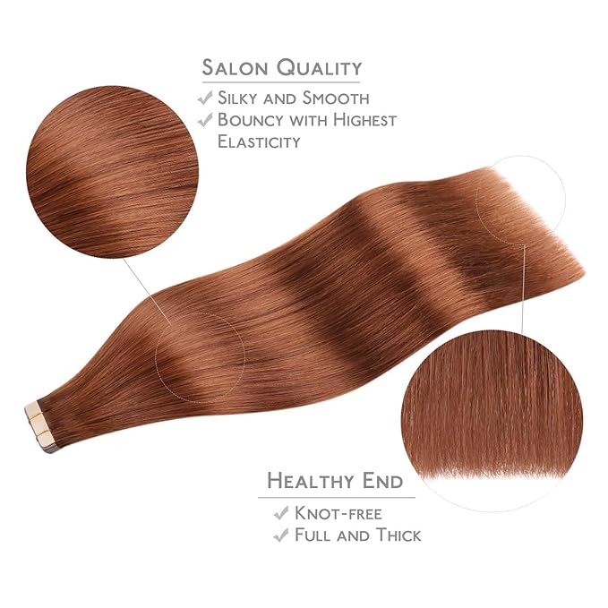 WENNALIFE Tape in Hair Extensions Human Hair, 20pcs 50g 20 inch Dark Auburn Copper Remy Hair Extensions Straight Human Hair Tape in Extensions Skin Weft Tape Extensions Human Hair