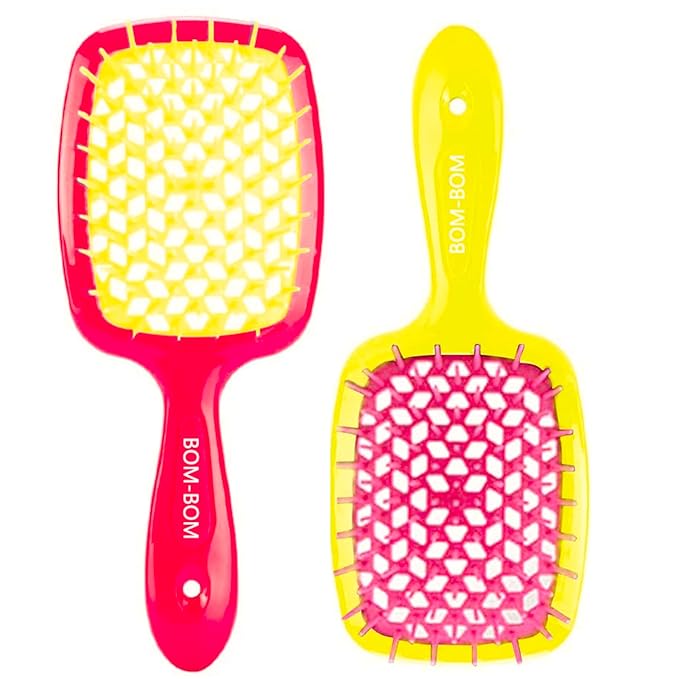 BOM BOM 2 Unit Kit, Wet And Dry Vented Detangling Hair Brush For All Hair Types, Light Weight Hairbrush, Scalp Massage Brush (magenta yellow)