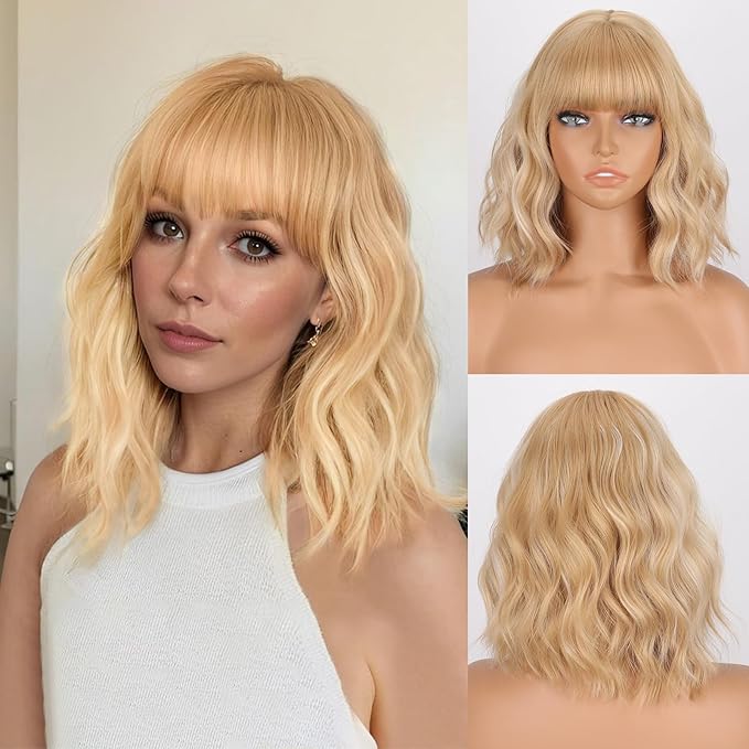 MISSQUEEN Blonde Bob Wig with Bangs Blonde Short Wavy Highlight White Wigs for Women curly hair with Bangs Heat Resistant Synthetic Wigs for Daily, Cosplay, Halloween,Party Wigs