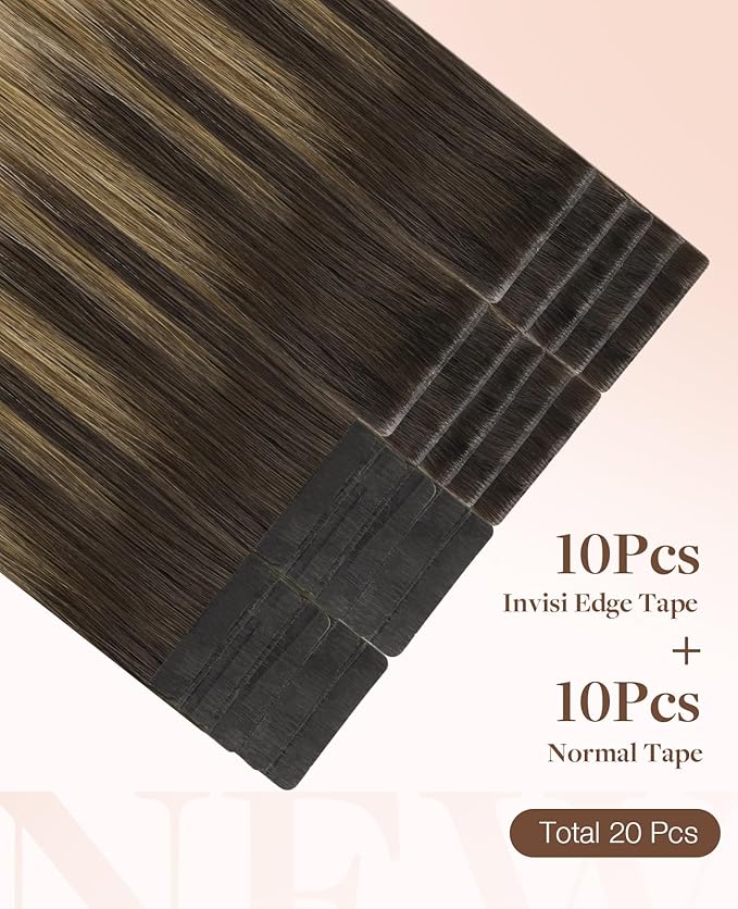 GOO GOO Invisi Edge Tape in Hair Extensions Human Hair, 2/6/18 Balayage Brown to Dirty Blonde 10pcs injected with 10pcs classical tape ins, 20inch 50g, Virgin Remy Hair, Natural Look