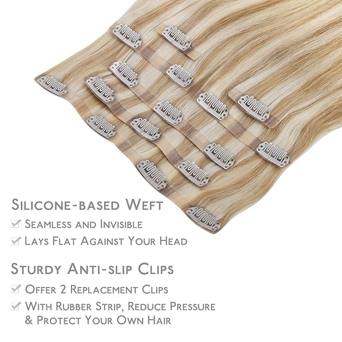 WENNALIFE Seamless Clip In Hair Extensions, 14 Inch 130g 7pcs Dirty Blonde Highlighted Bleach Blonde Hair Extensions Clip in Human Hair Invisible PU Skin Weft Natural Remy Human Hair Extensions