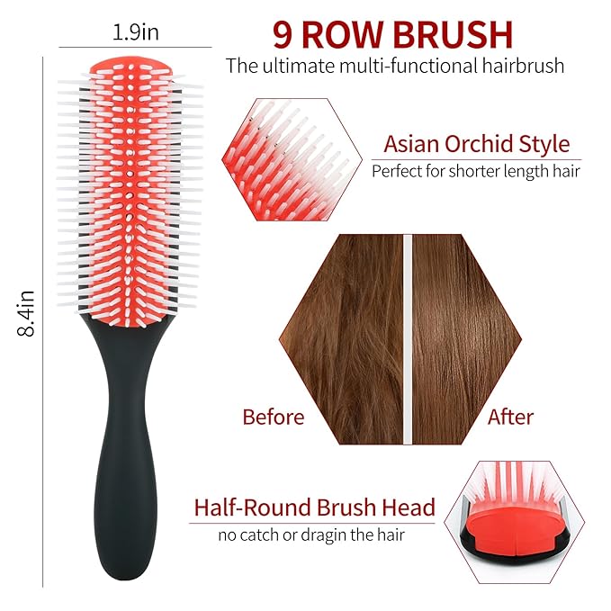 hair Brush Set for Afro America/African Hair, Textured 3a to 4c -Detangler Brush,9 row hair brush,Wide Tooth Comb,Rat Tail Comb (Black)