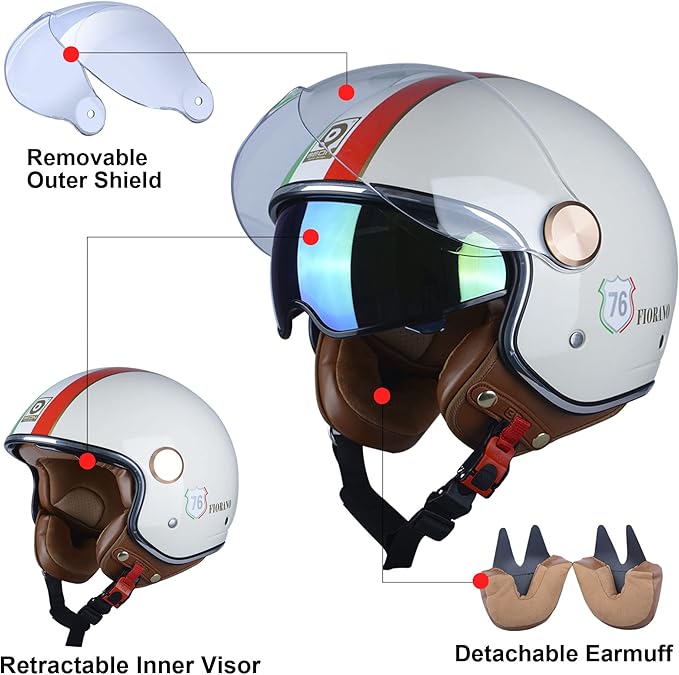 Open Face Motorcycle Helmet for Adults, DOT Approved,3/4 Retro Vespa Helmet, Dual Visors Men's and Women's Motorbike Casco for Moped Cruiser Bobber and Chopper