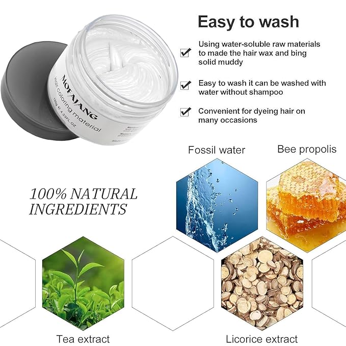Temporary Hair Color Wax Dye,Hair Spray Color, Natural Hair Wax Color, Kids Temporay Hair Wax Dye Ash for Halloween Cosplay,Party,Masquerade (White, 120g)