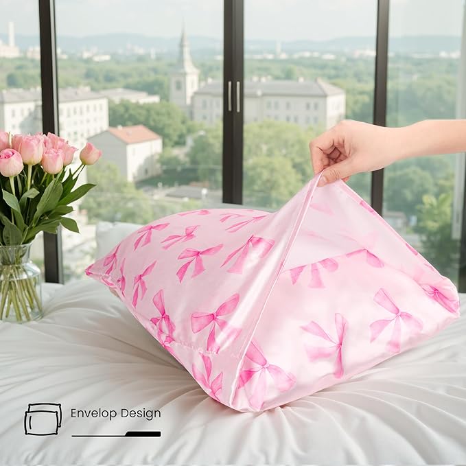 Pink Bow Satin Pillowcase for Hair & Skin Care, Standard Size Set of 2 - Luxurious Satin Pillow Cover with Envelope Closure(20x26 Inches)