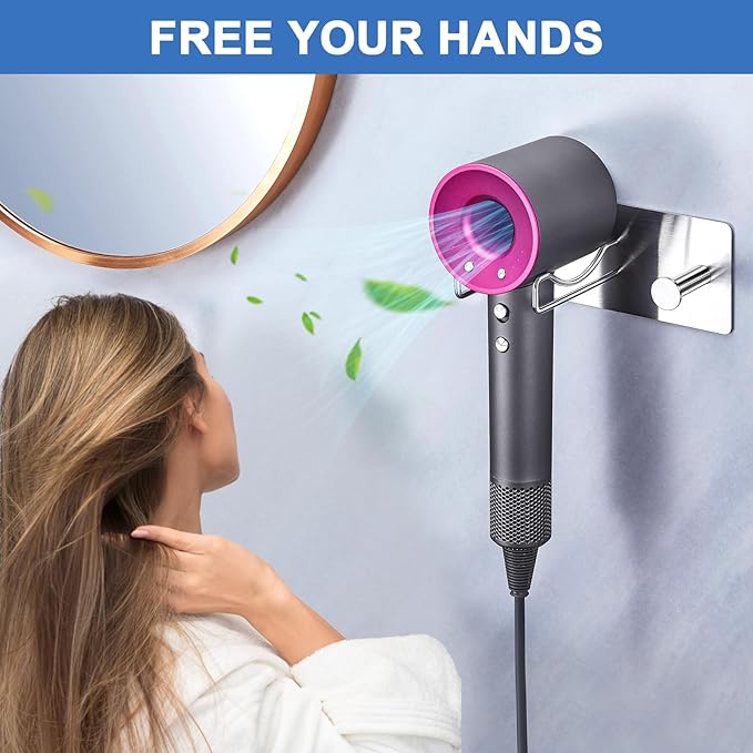 Hair Dryer Holder Wall Mounted, Universal Blow Dryer Holder, Hairdryer Storage Hanger with Plug&Cord Hook, Adhesive Hair Tool Organizer for Bathroom, Silver