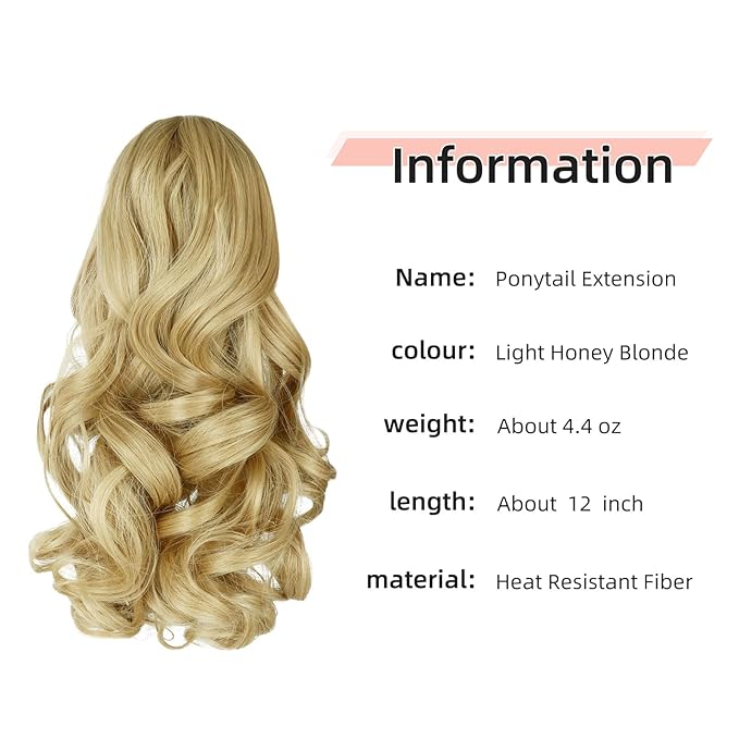 Ponytail Extension, Clip on Ponytails for Women, 12" Claw Clip in Short Curly Wavy Pony Hair Extension for Women - Light Honey Blonde