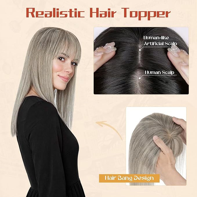 Rich Choices Human Hair Toppers for Women-100% Real Remy Hair Topper with 3D 360°Bang-Upgraded 150% Density 9 * 12CM Lace Base-Clip in Hairs topper for Thinning Hairs-14Inch #G3 Salt and Pepper Grey