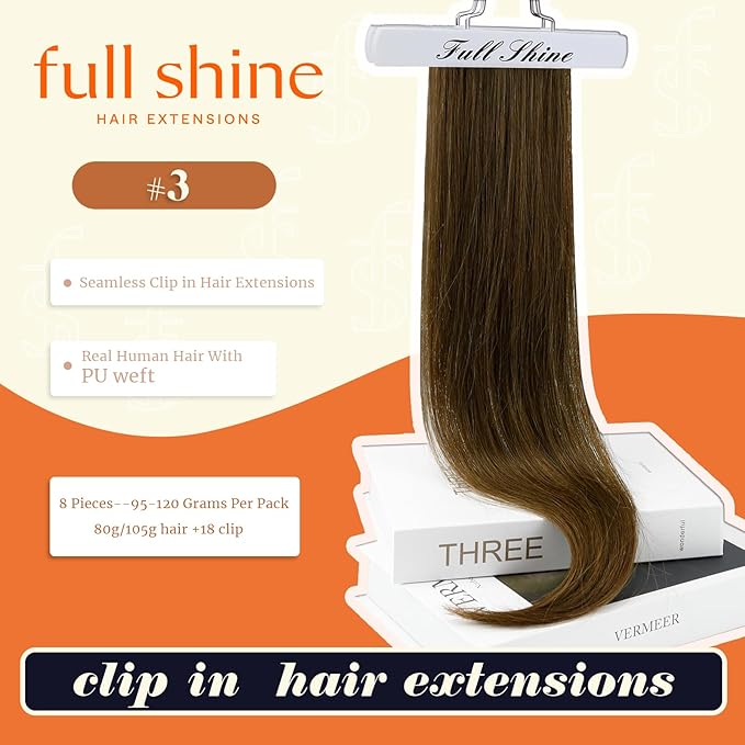 Full Shine Clip in Hair Extensions Real Human Hair 22 Inch Medium Chestnut Brown Seamless Human Hair Clip in Extensions with PU Weft for Long Hair 8 PCS 120 G