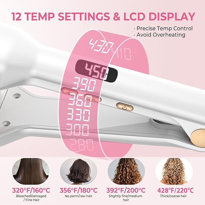Curling Iron Hair Crimper Waver, 1/2 Inch Beach Waves Curling Wands, Ceramic 2 Barrels Deep Waver, Dual Voltage Hair Culer Tools with EU/UK Plug Adapter, 12 Temps, 30S Fast Heat up, Auto-Off (White)