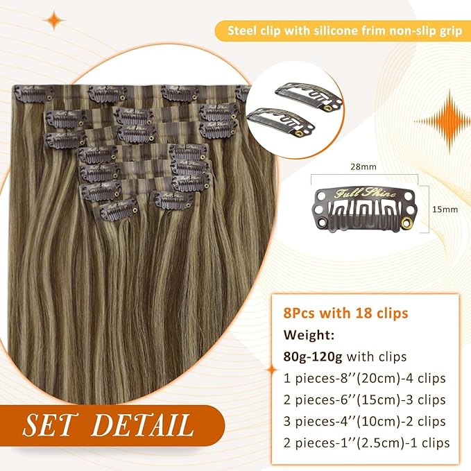 Full Shine Seamless Clip in Hair Extensions 12 Inch Dark Brown with Honey Blonde Highlights Real Human Hair Extensions for Short Hair 8PCS 95G