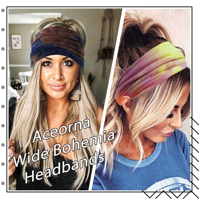 Wide Headbands Stretch Turban Knotted Hairbands Elastic Yoga Workout Sweatband Running Sport Head Scarf Large African Head Wraps for Women 4 Pcs (Set F)