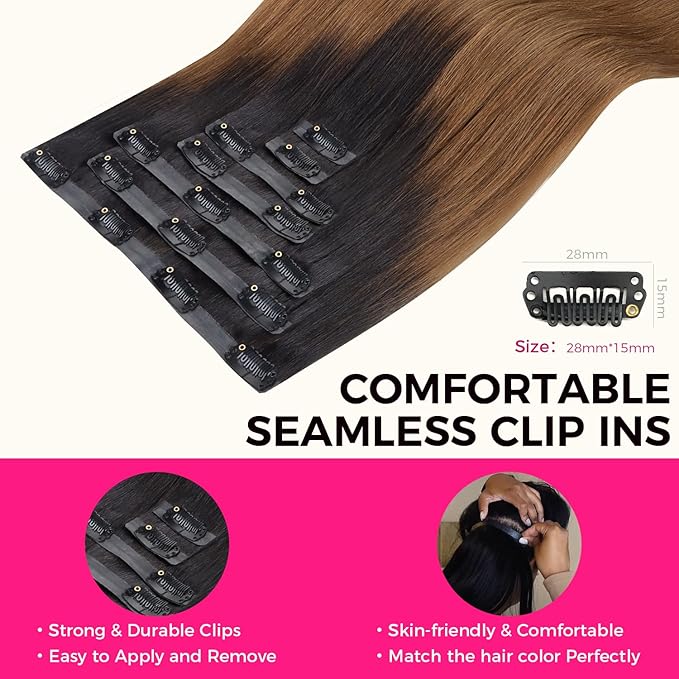 Lashey Seamless Clip in Hair Extensions Human Hair Ombre Natural Black to Medium Auburn Light Yaki Straight Clip in with PU Soft Invisi Edge 110g 7pcs 16 Inch Hair Extensions