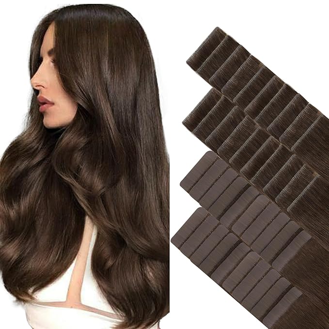 GOO GOO Invisi Edge Tape in Hair Extensions Human Hair, 4A Chocolate Brown 20pcs injected with 20pcs classical tape ins, 12inch 80g, Virgin Remy Hair, Natural Look