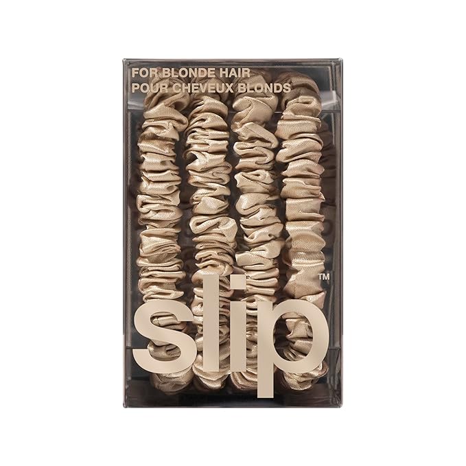 slip Silk Skinny Scrunchies - Blonde | Set of 4 Skinny Scrunchies | 100% Mulberry Silk, Anti-Crease, Gentle on Hair, Reduces Breakage | Stylish, Durable, Ideal for All Hair Types