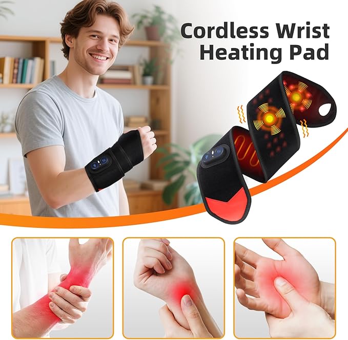 Cordless Wrist Hand Heating Pad Massage for Pain Relief, Rechargeable Heated Wrist Brace for Carpal Tunnel, Red Light Therapy Heated Wrist Massager Wrap for Arthritis, Black