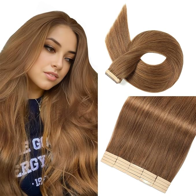 Tape in Hair Extensions Real Human Hair 24 Inch Tawny Brown Tape for Skin Weft Hair Extension Invisible Tape in Hair Extensions Straight Remy Human Hair for Women 20pcs