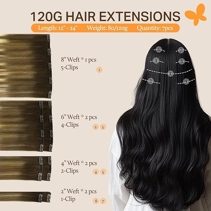 DOORES Hair Extensions Clip in Human Hair, Balayage Dark Brown to Chestnut Brown and Dirty Blonde 100g 14 Inch 7pcs, Remy Clip in Extensions Real Natural Straight Weft