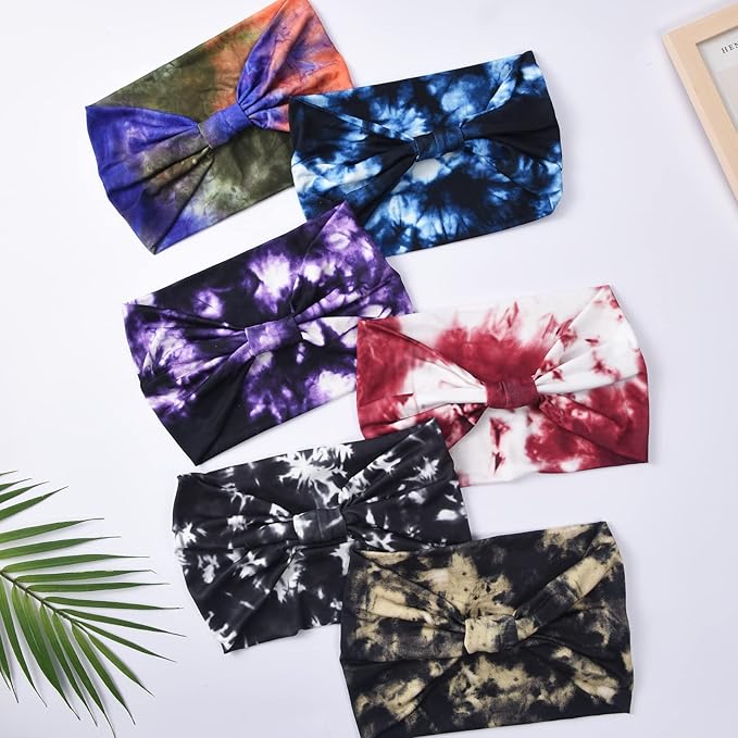Yeshan Wide Headbands for Women Non Slip Boho Headband Elastic Tie dye Yoga Workout Sweat Bands Running Sport Hair bands,Pack of 6