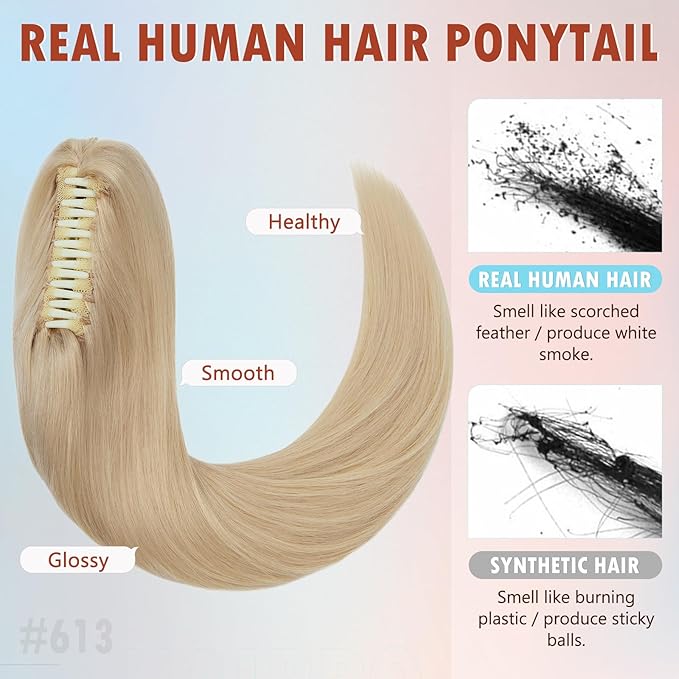 Hairro Ponytail Hair Extensions Claw Clip In Ponytails Jaw On Ponytail Extensions 100% Real Human Hair Long Straight Jaw/Claw Clips Pony Tail Hairpieces For Women 20 Inch 120g #613 Light Blonde