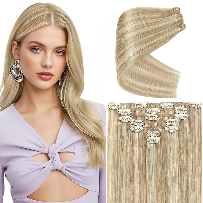 Ve Sunny Blonde Clip in Hair Extensions Human Hair Clip in Extensions Highlight Caramel Blonde with Platinum Blonde Real Hair Extensions Clip in Human Hair Any Occasion 120g 24 Inch