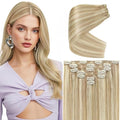 Ve Sunny Blonde Clip in Hair Extensions Human Hair Clip in Extensions Highlight Caramel Blonde with Platinum Blonde Real Hair Extensions Clip in Human Hair Any Occasion 120g 24 Inch
