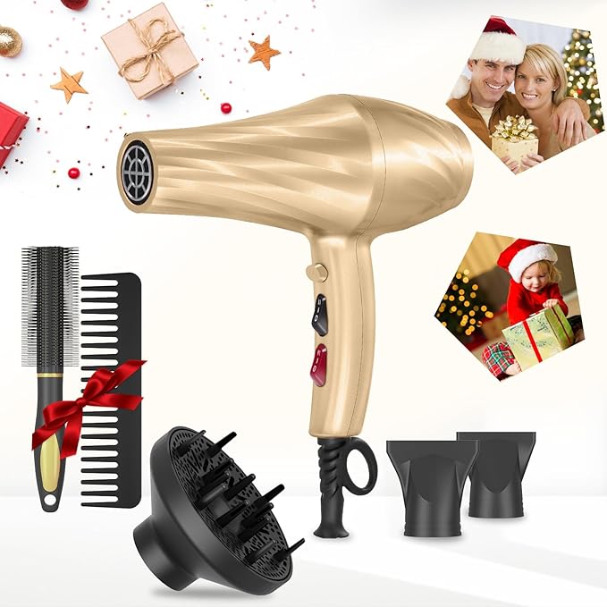 Ionic Hair Dryer,2400W Negative Ion Low Noise Hair Dryer Professional Fast Drying Hair Dryers with 2 Speeds, 3 Heat Settings, Cooling Button,with Diffuser for Curly and Straight Hair（Champagne Gold）