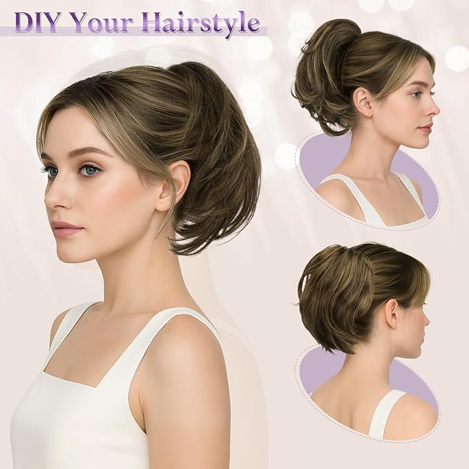 RUWISS Claw Clip Short Human Hair Ponytail Extension with Bendable Metals for DIY Styles Straight Messy Bun Hair Piece for Women Hairpieces for Daily Wear, 9 Inch Dark Brown with 15% Dark Cocoa Blonde
