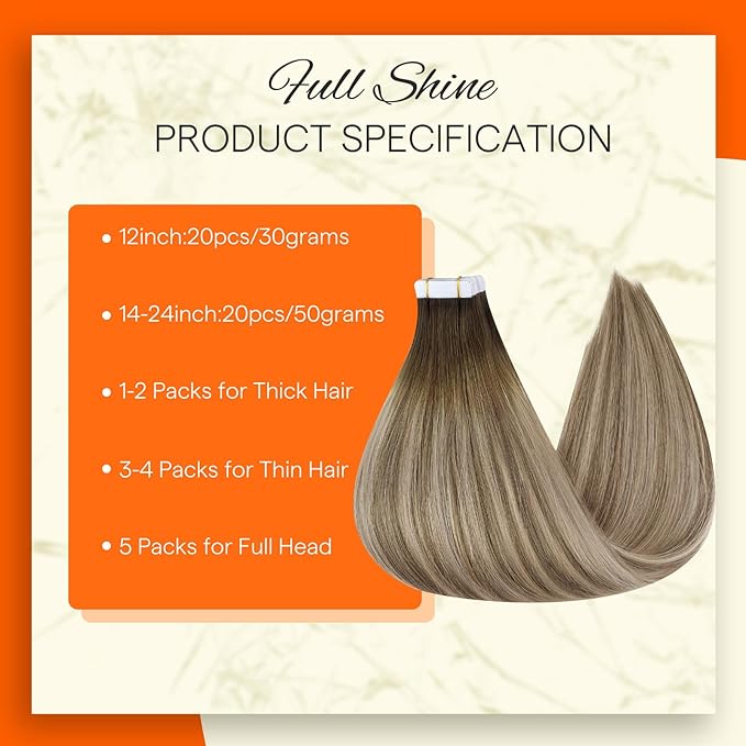 Full Shine Invisible Tape in Hair Extensions 18Inch Remy Tape in Color Dark Brown 3 Fading to 8 and 22 Blonde Double Sided Real Human Hair Extensions 20 Pcs 50G Seamless Brazilian for Wedding