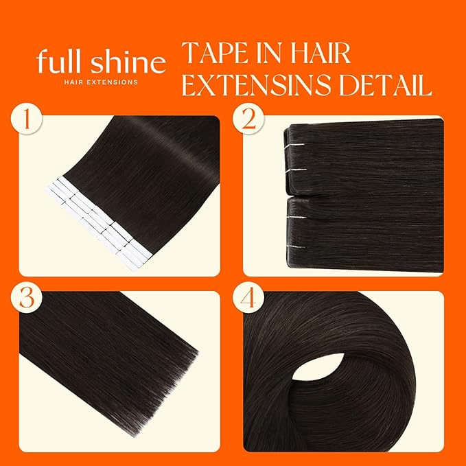 Full Shine 24 Inch Injection Tape in Hair Extensions Color 2 Dark Brown Seamless Machine Invisible Injected Tape ins Human Hair Extensions Straight Remy Add Length 50 Grams 20 Pcs