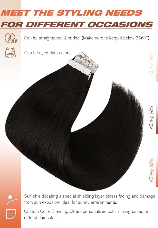 Sunny Hair Tape in Extensions,Remy Hair Extensions Tape in Black Invisible Tape in Hair Extensions Human Hair 100g 20Inch