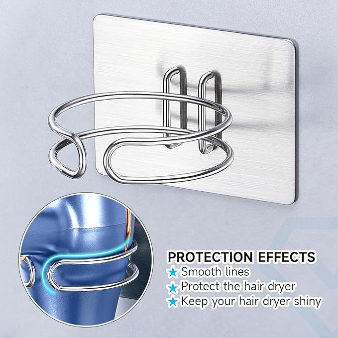 Hair Dryer Holder Wall Mounted, Hairdryer Holder for Bathroom, Blow Dryer Holder, Hair Tool Organizer for Hair Dryer Hanger Storage, Adhesive Blow Dryer Organizer (Silver)