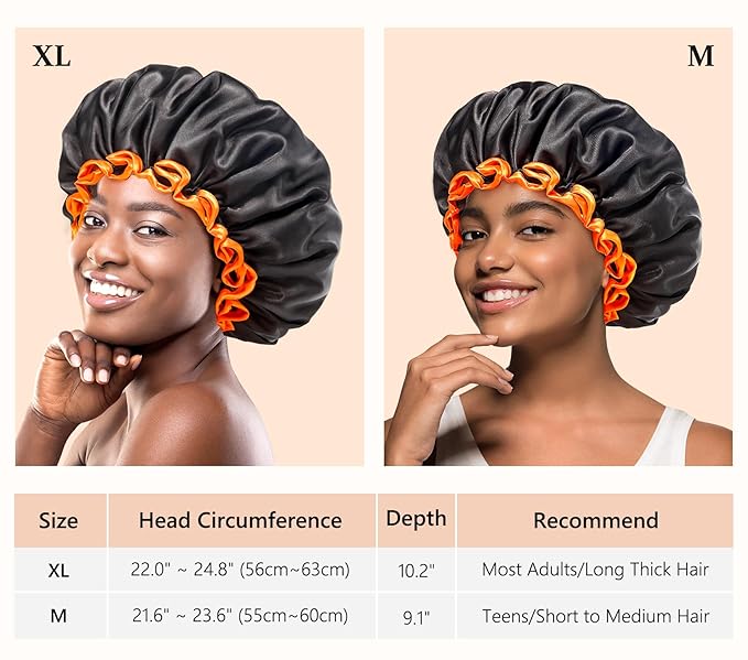 mikimini Black Shower Caps 2 Packs, Double Layers Waterproof Bathing Hair Cap with Reusable Soft Comfortable PEVA Lining, Cute, Non-fading & Stretchy Shower Hat Medium (Pack of 2) Black + Orange