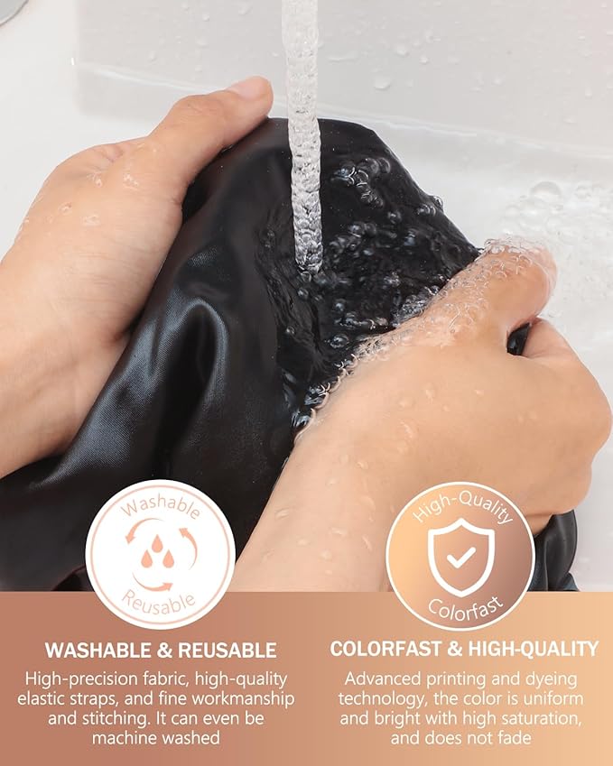 mikimini Extra Large Black Shower Caps Pack of 2 for Women and Men Thick Long Hair Braids, Reusable Waterproof Double Layers XL Bathing Hair Cap with Vibrant Orange Edge (Black)